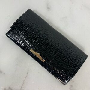Leather Croc Embossed Vintage Retro Black Tie Snap Wallet Clutch
